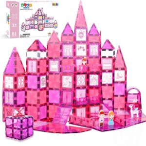 Olvy magnetisch speelgoed 81 stuks roze kasteel magnetic tiles prinsessen set