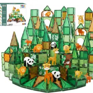 Olvy magnetic tiles jungle 110 stuks magnetisch speelgoed met dieren, magnetische tegels en Montessori bouwspeelgoed